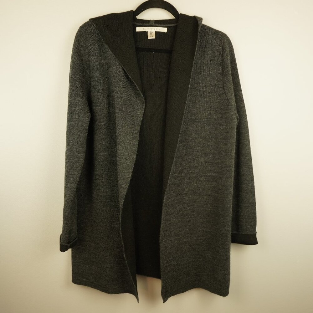 Max Studio Gray Black‎ Wool Blend Cardigan Hooded Sweater Size Large